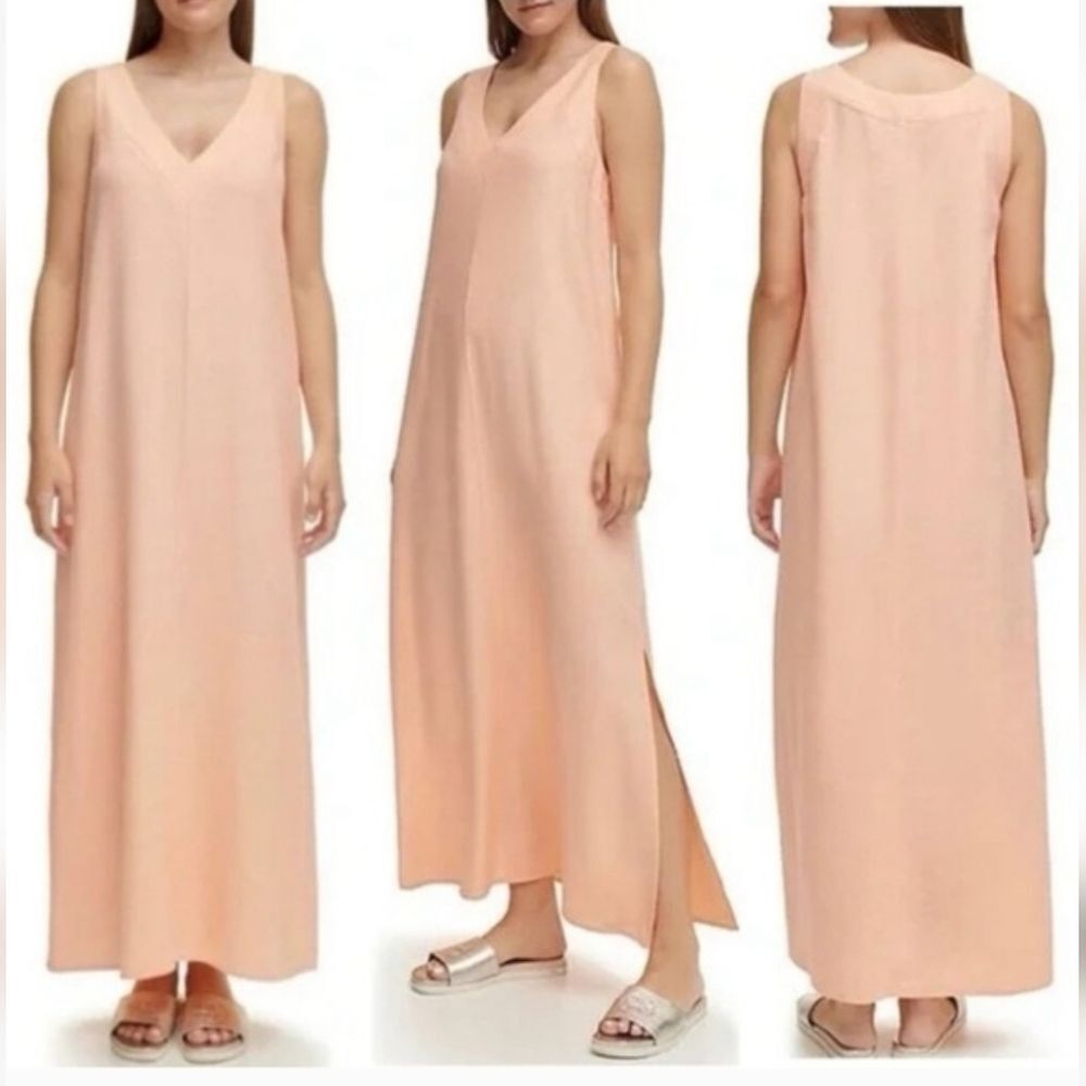 DKNY Peach Sleeveless Linen Blend V Neck Pullover Side Slits Maxi Dress XL NWT